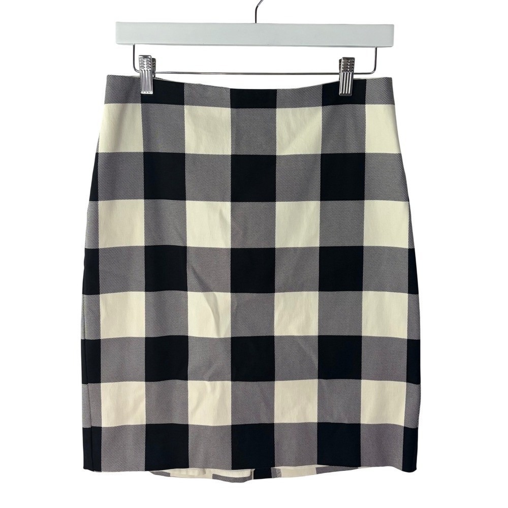 Talbots Petite Black Ivory Buffalo Plaid Womens Pencil Skirt 8P Cotton Blend